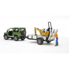 Land Rover Defender Station Wagon with one axle trailer, 
JCB micro excavator 8010 CTS and construction worker